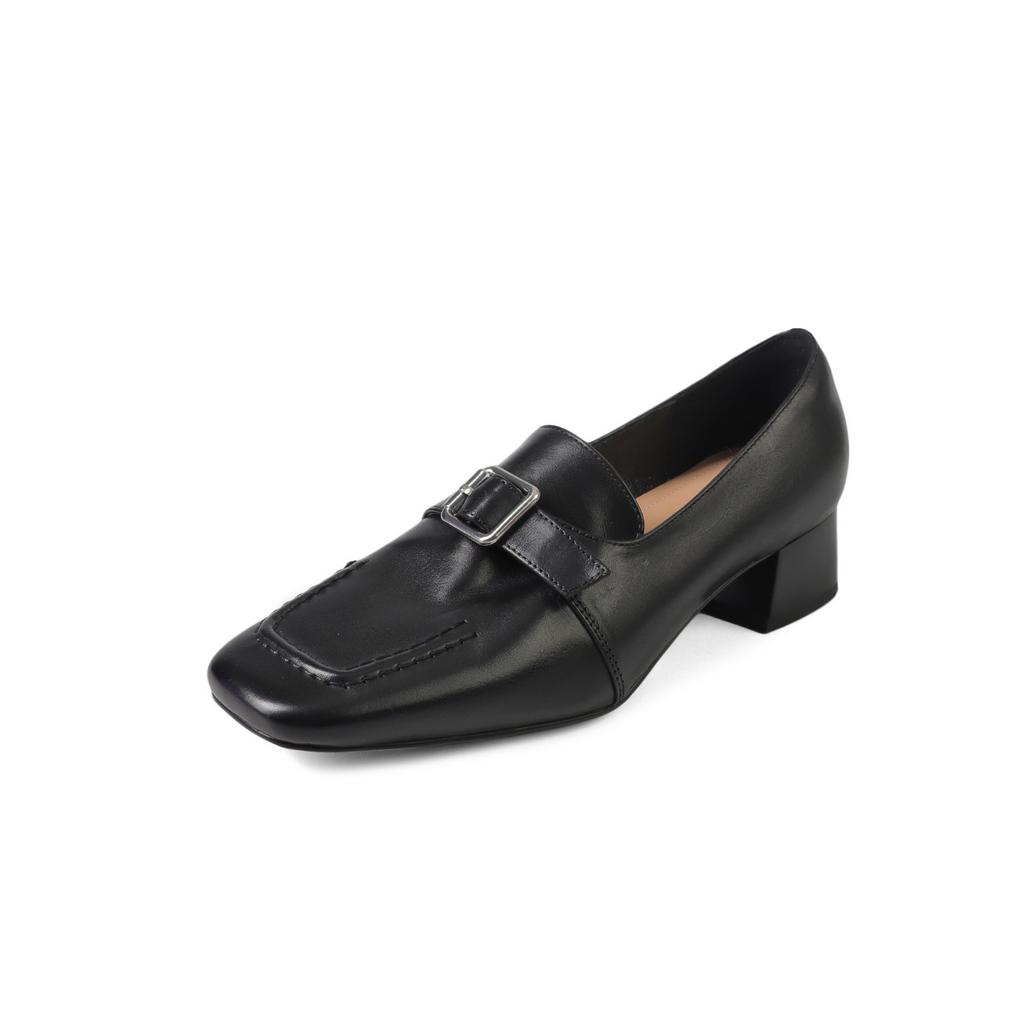 Washed cowhide 34-40 yards 2025 autumn square head middle heel deep mouth single shoes women's shoes square buckle loafers