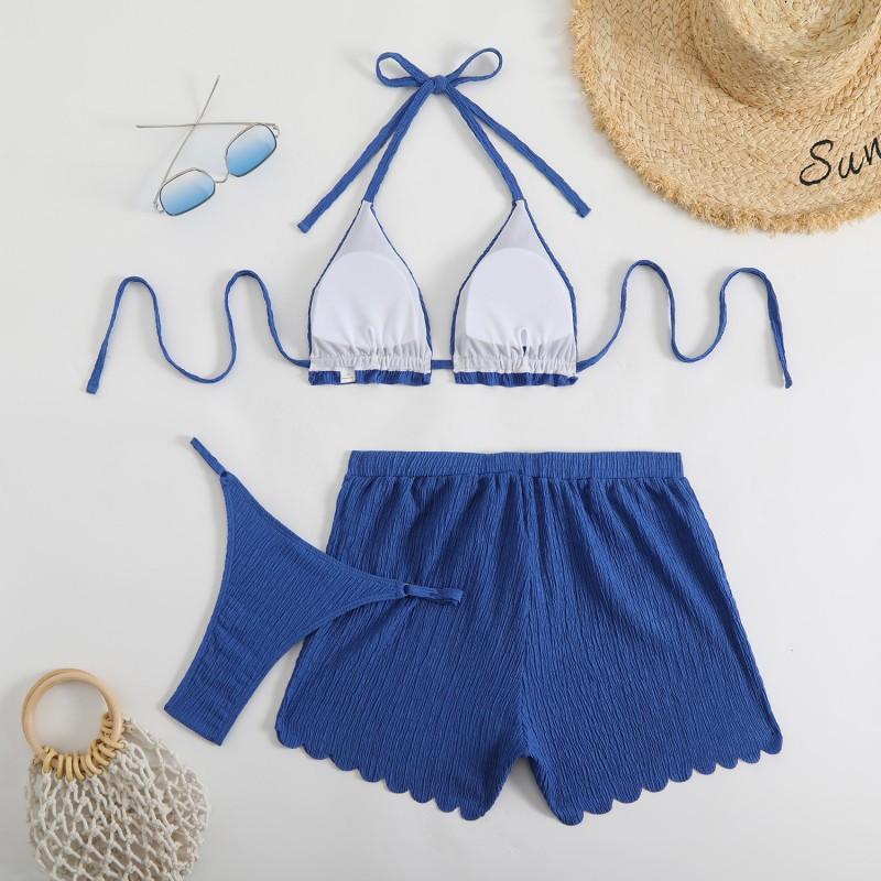 Sexy Bikini Three-piece Fabric Swimsuit Women's Solid Color Beachwear Vacation