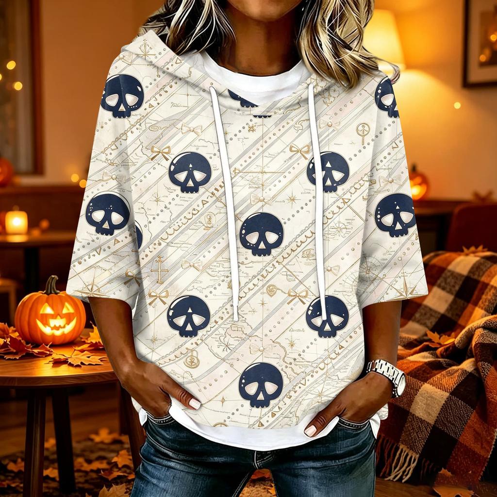 Women's Halloween Print Casual Loose Fit Hooded Top with and Three-Quarter Sleeves