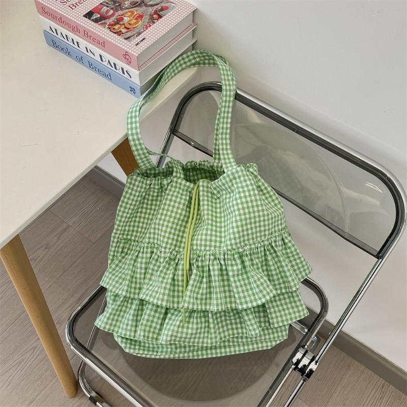 Cute college style plaid canvas bag women's new large-capacity lace tote bag