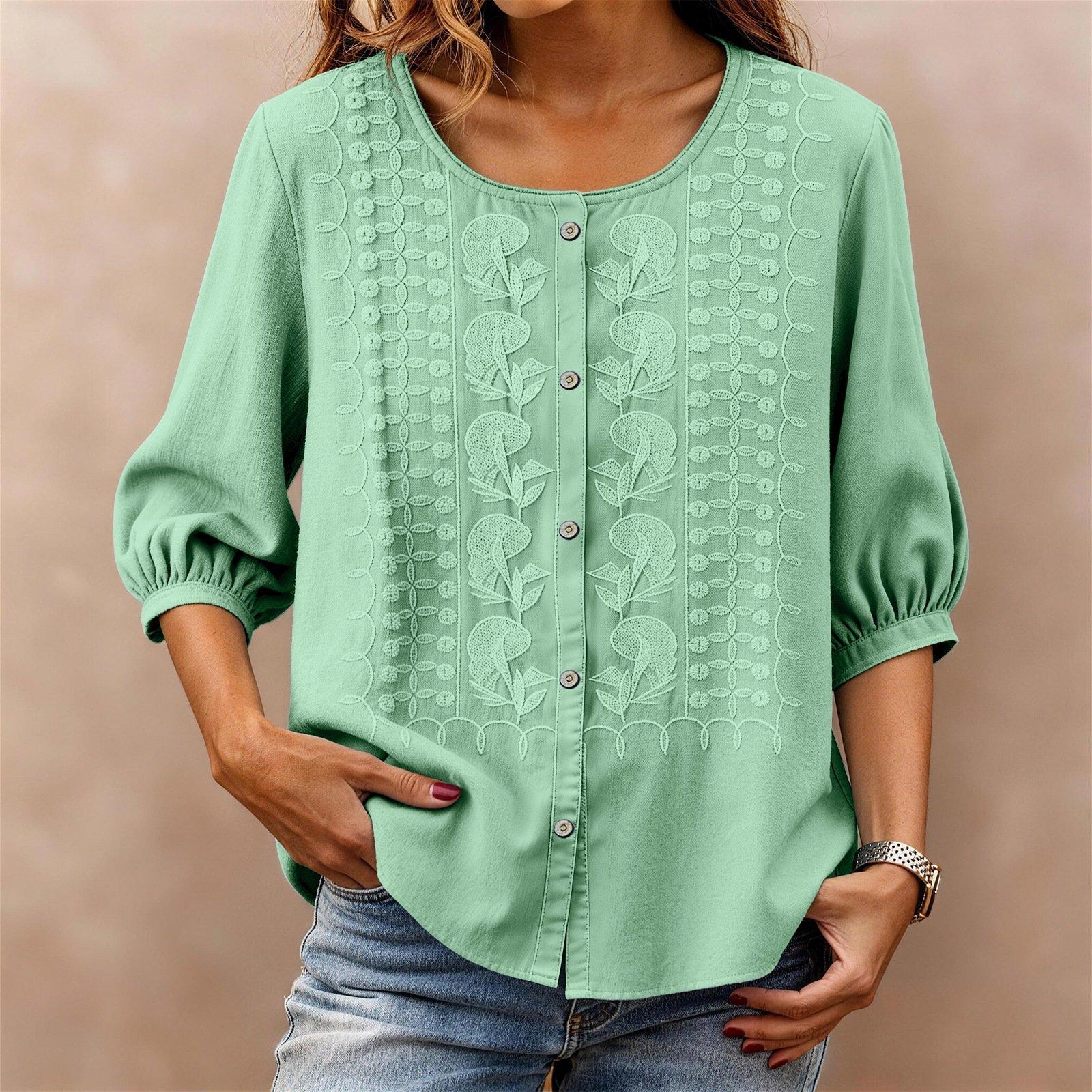 

Women s Fashionable Casual Button-down Shirt With A Three-quarter Sleeve Design L армия зеленый