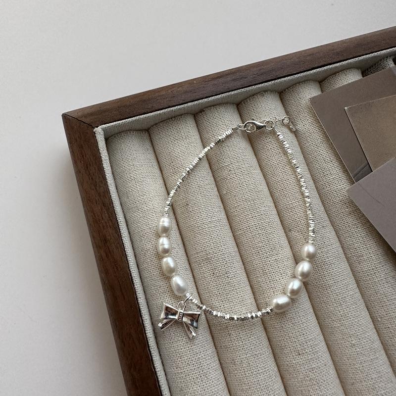 S925 Sterling Silver Bow Broken Silver Bracelet Necklace Sweet Blogger Same Handmade Design Pearl Jewelry 925 silver