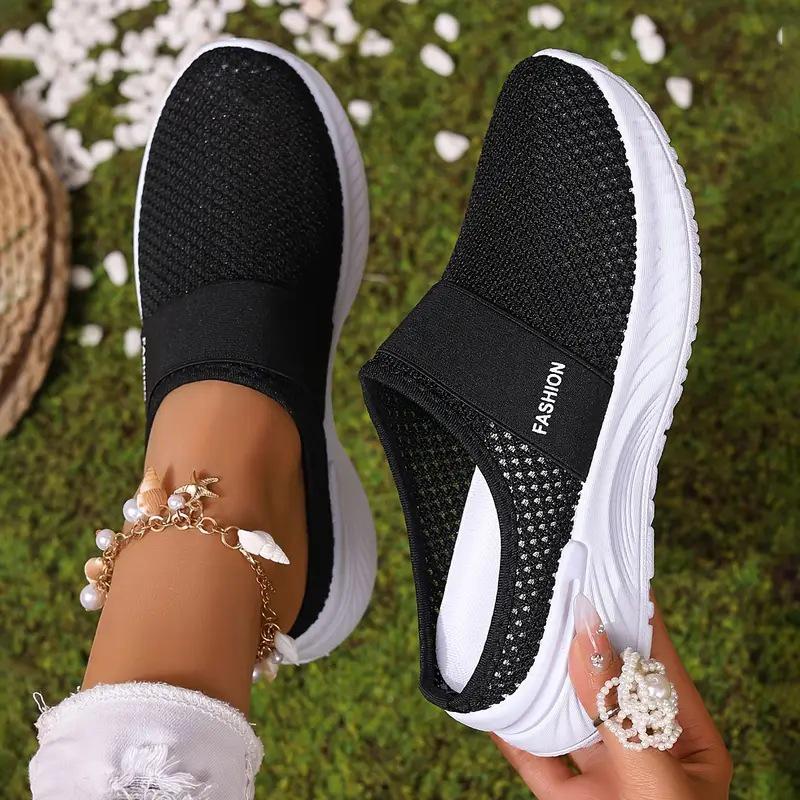 Women's Plus Size Closed-Toe Flyknit Slip-On Flats - Breathable Casual Slippers