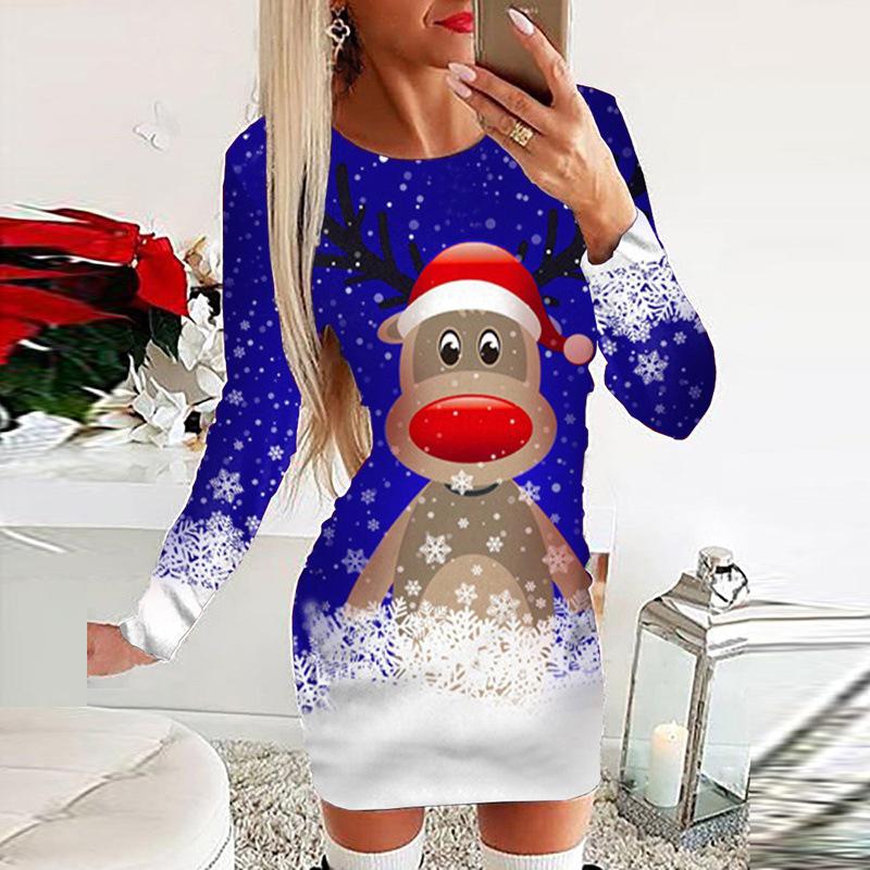 Christmas Dress Women O Neck Long Sleeve Elk Print Mini Dresses For Women Casual Bodycon Dress Red