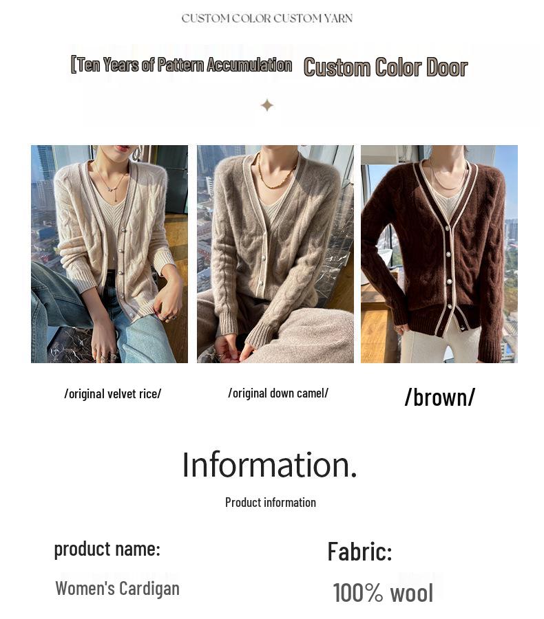 Women's V-Neck Cable Knit Wool Cardigan – New Autumn/Winter Color Block Cashmere Sweater Coat