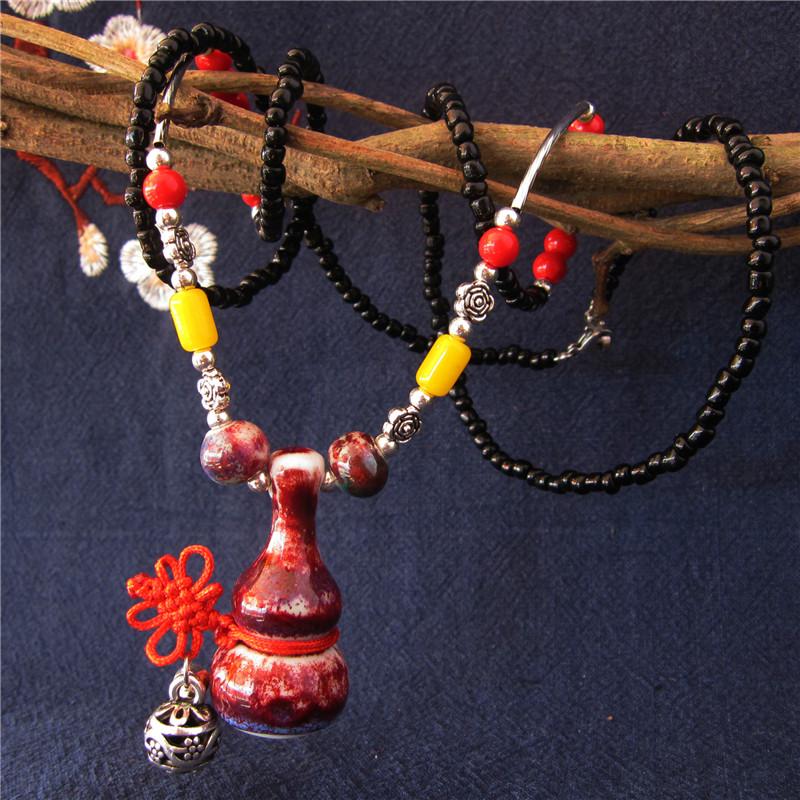

Винтажное китайское керамическое ожерелье-подвеска в виде тыквы-колокольчика, ручной работы, креативное этническое ожерелье с бусинами, длинное бохо-ожерелье для женщин красный