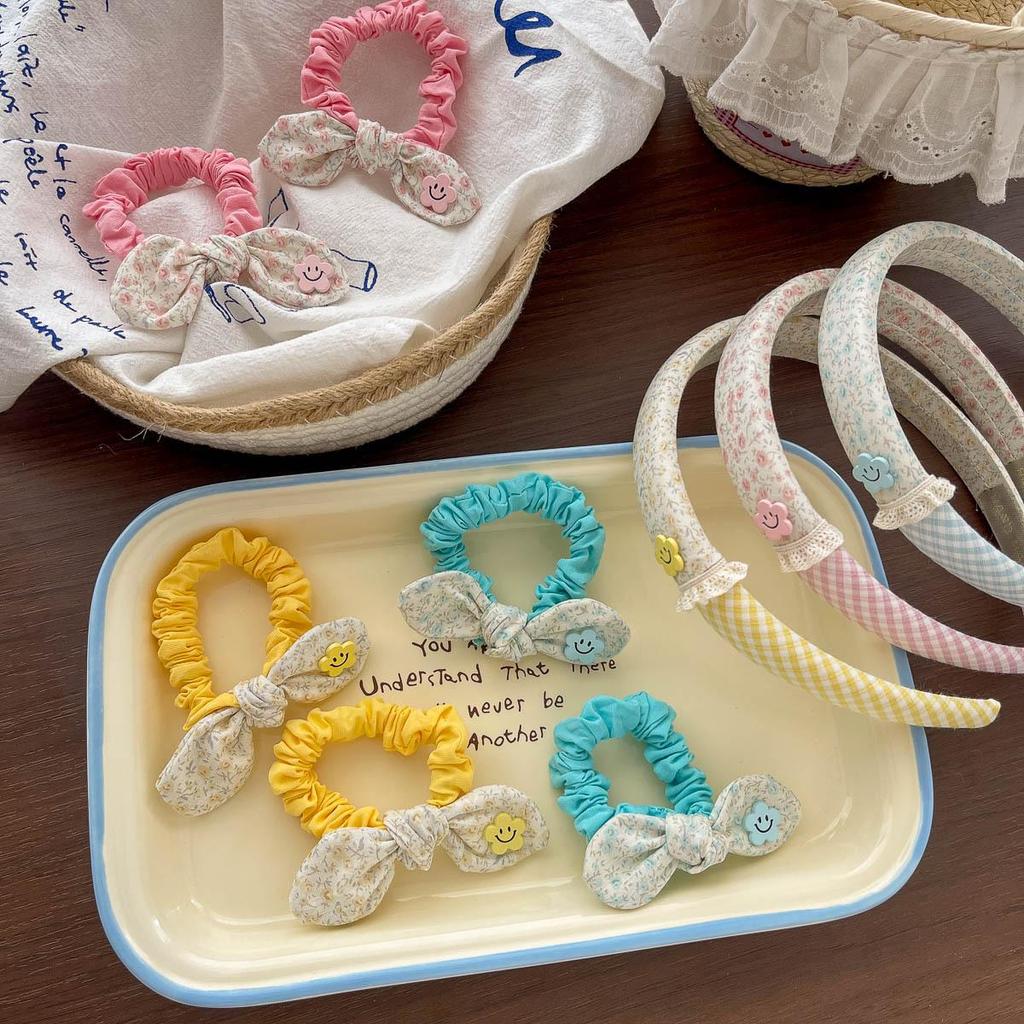 Korean Ditsy Floral Plaid Bunny Ear Hair Tie Headband for Kids - Sweet, Cute High Top Bun Accessory