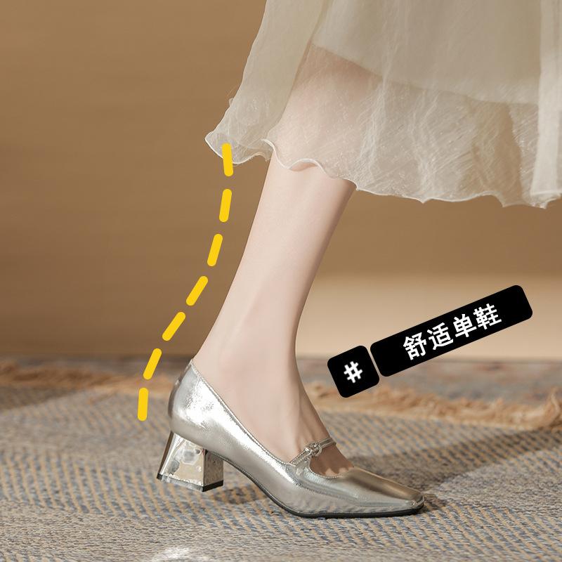 5885 Fashion Show Thick Heel Niche Design Women's Single Shoes New Summer Mary Jane Silver Women