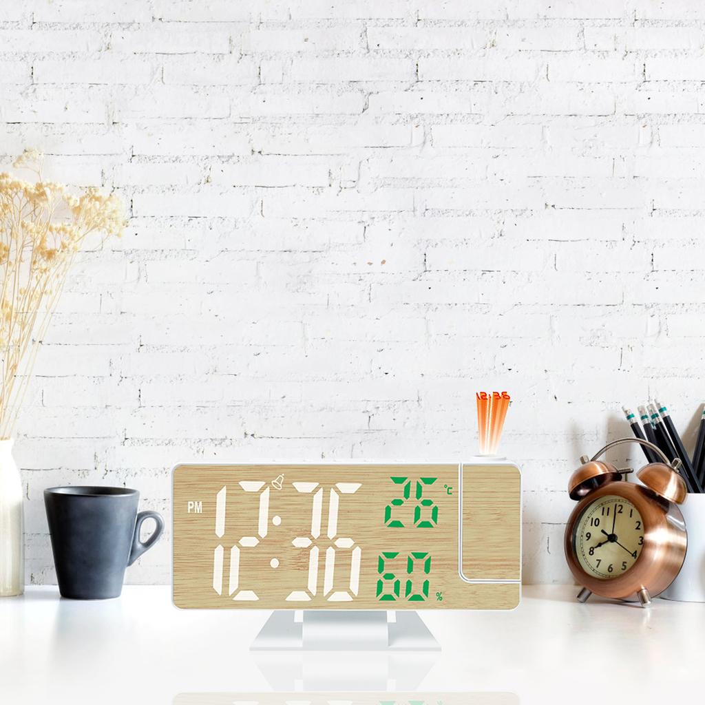 Large Display Wood Pattern LED Alarm Clock with Rotating Projectors And Temperature Humidity Display Snooze Function