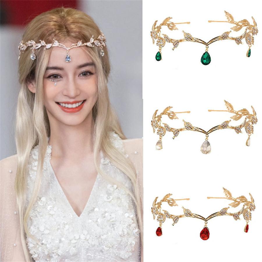 Luxury Crystal Leaf Water Droplets with Women's Leaves Alloy Bride Brow Pendant Crown Princess Headband Hair Accessories Gift