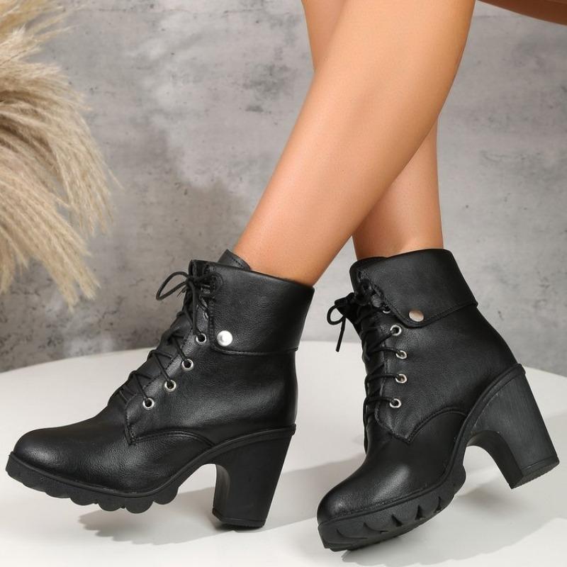 Women's Low Boots Autumn and Winter New European and American Foreign Trade Large Size Short Boots High Heel Round Head Lace Up Thick Heel