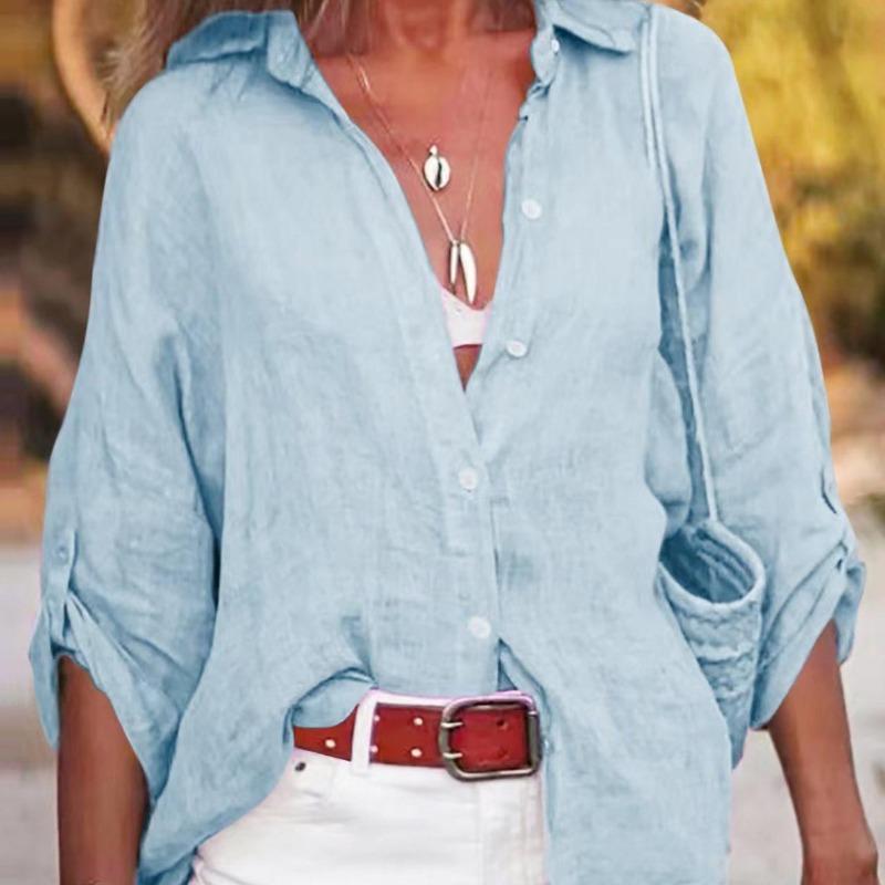 

Женская однотонная рубашка свободного кроя из хлопка и льна с рукавом три четверти XXXL небесно-голубой