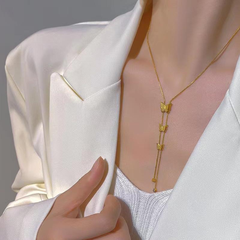 316L Stainless Steel New Fashion Fine Jewelry Butterfly Zircon Tassel Charms Snake Chain Choker Necklaces Pendants For Women