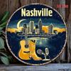 1pc Vintage Nashville Music City Wall Sign, Retro Country Music Decor Plaque With Guitar & Cowboy Boots, 2D Flat Metal Art