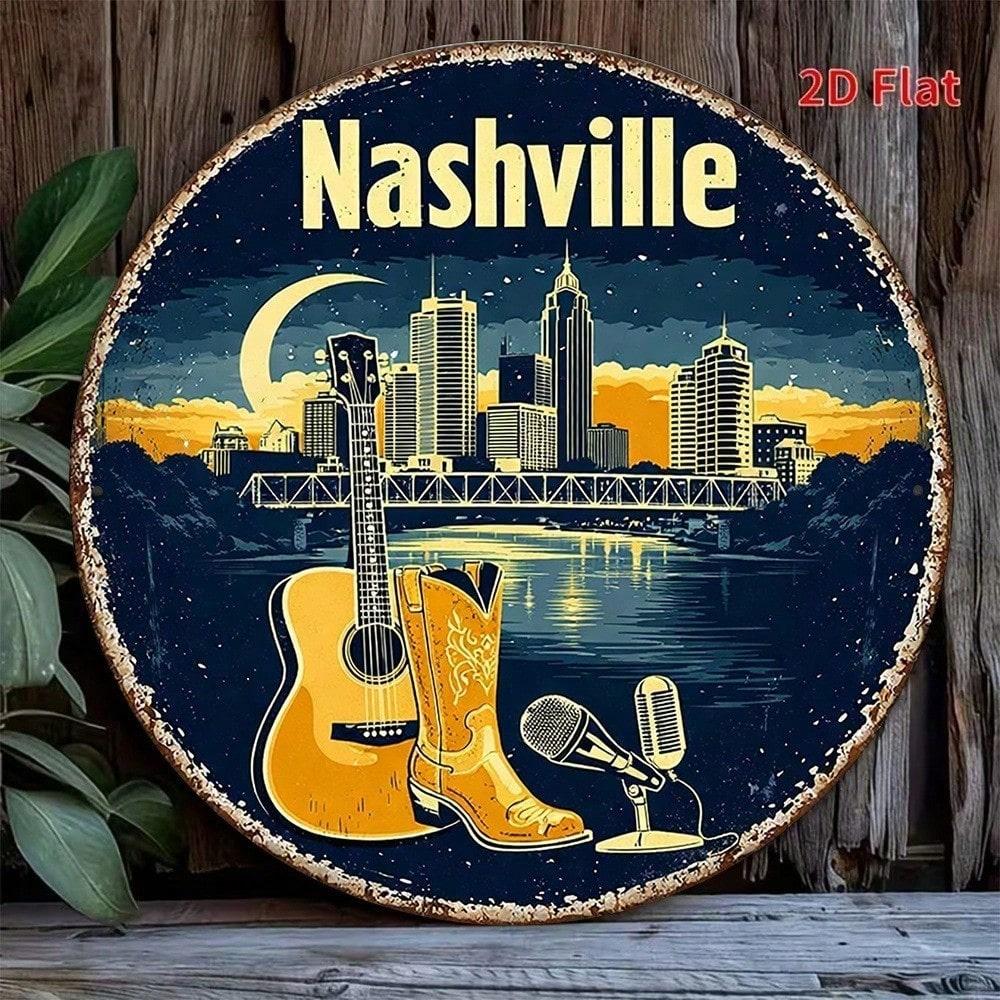 1pc Vintage Nashville Music City Wall Sign, Retro Country Music Decor Plaque With Guitar & Cowboy Boots, 2D Flat Metal Art