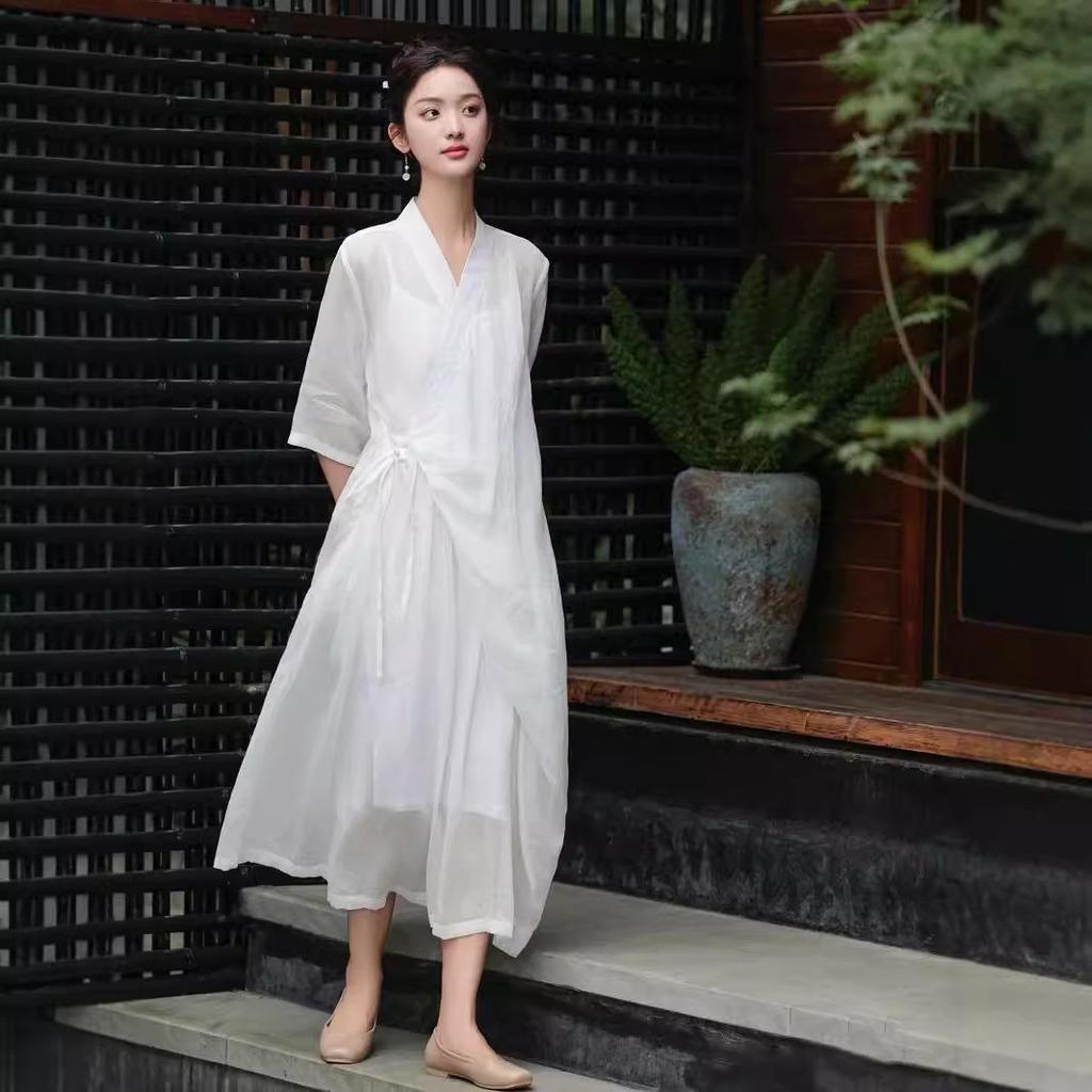 Mountain Spirit Sheer Flowy Tie-Waist Long Dress with Irregular Neckline, Women's Ramie Tea Dress