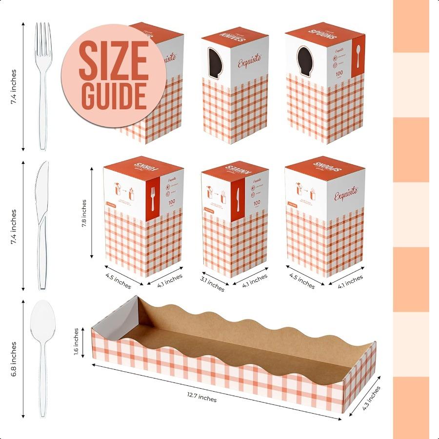 Utensil Caddy Organizer with Clear Plastic Forks and Spoons and Knives Gingham Kitchen Utensil Holder for Party with 3 X 100 Pl