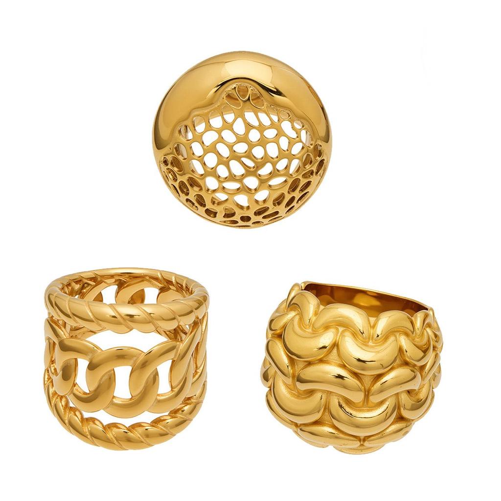 18K Gold Plated Stainless Steel Hollow Ring – Exaggerated Design, Fashionable, Versatile European & American Jewelry
