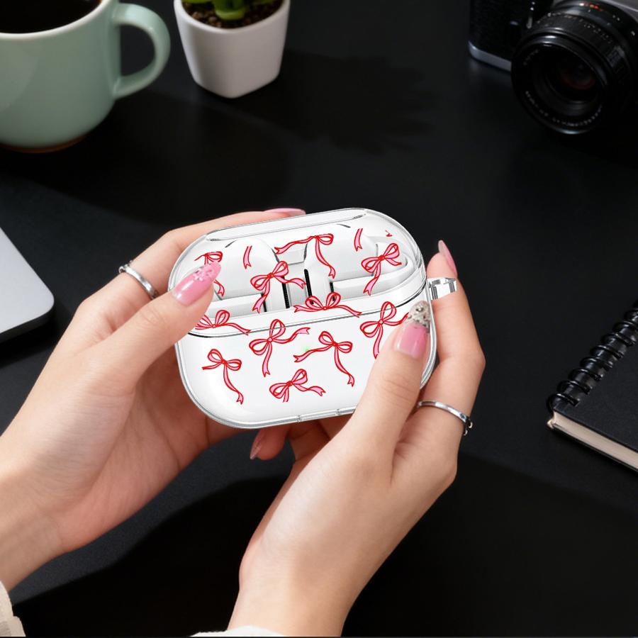 Pink Bow Pattern Clear Earphone Cases Cover With Hook Case For Samsung Galaxy Buds Live 4Pro 2Pro 3 FE 2 3Pro 4 Pro