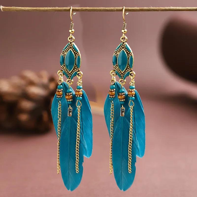 Bohemian Ethnic Feather Earrings For Women Long Tassel Beads Handmade Drop Dangle Earrings Girl Fashion Wedding Jewelry Gift