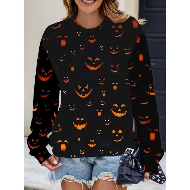 Womens Casual Hoodie With 3D Halloween Print Round Neck Lightweight Breathable Fabric