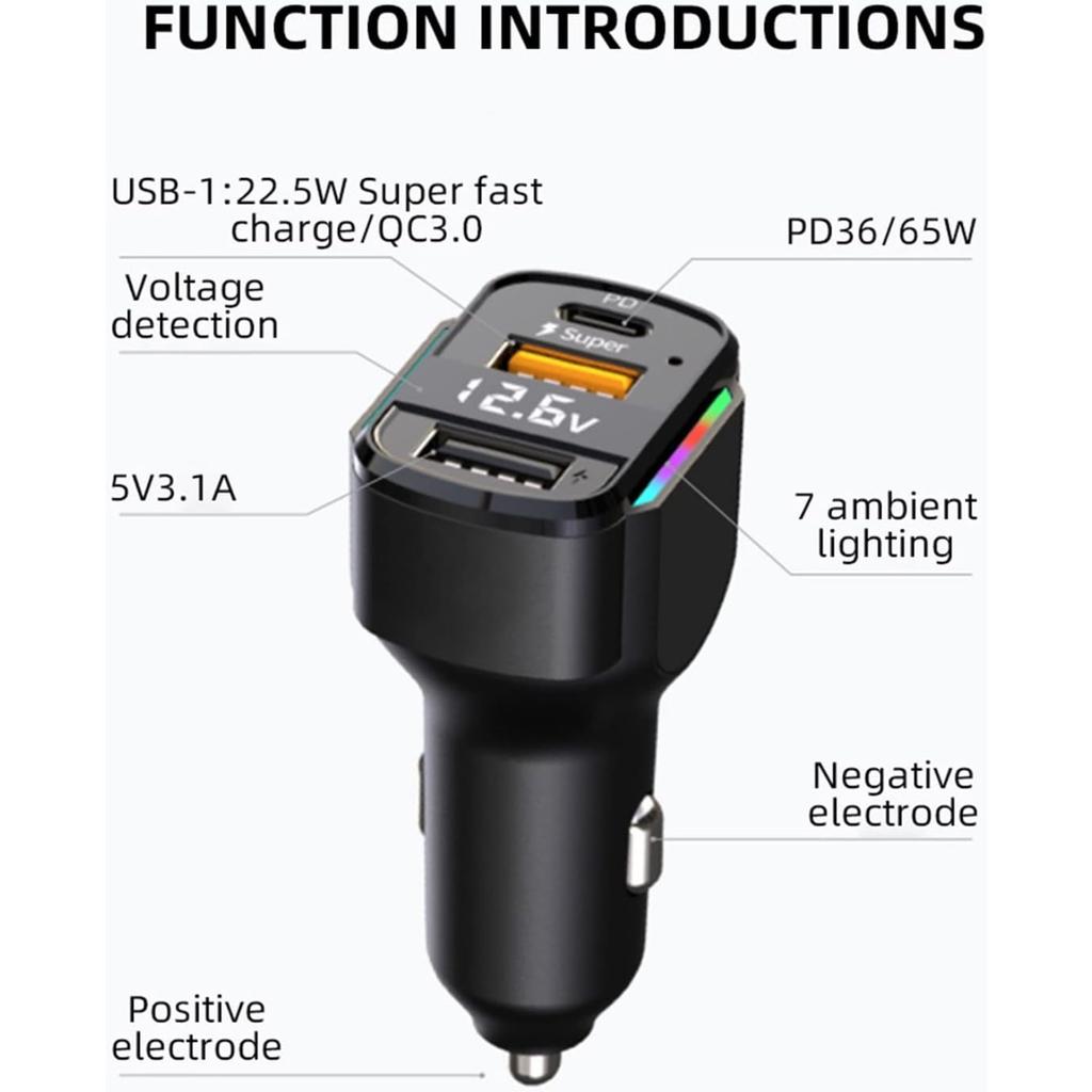 80W USB C Car Charger Cigarette Lighter and USB C Adapter, 3 Ports PD3.0 & QC3.0 Fast Car Charger Super Fast Charging with LED Voltmeter Car Device