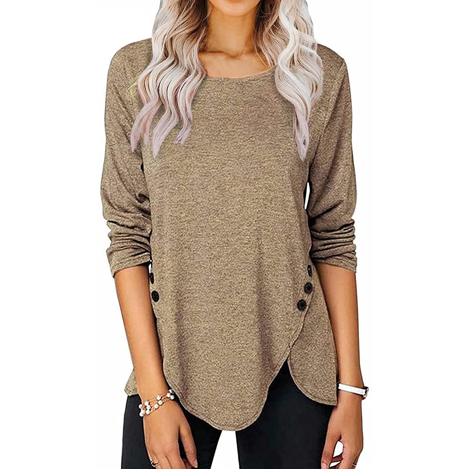 Women Casual Fashion Color Button Long-sleeved T-shirt Women s Top L бежевый