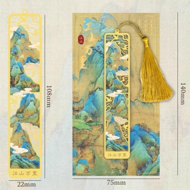 Retro Chinese Landscape Brass Bookmark Hollow-out Mountains Scene Boor Tak with Silk Tassel  Antique Gift for Book Lovers