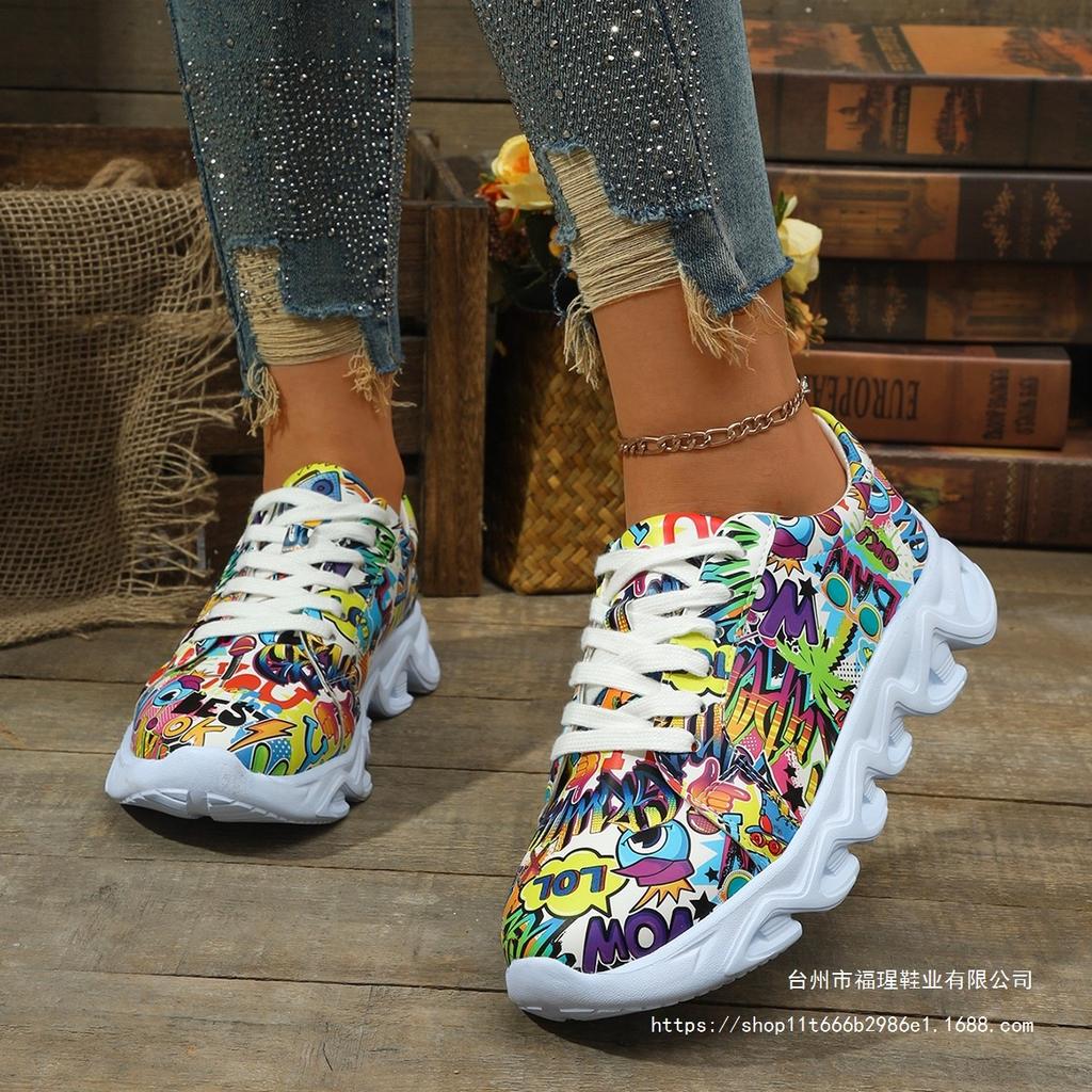 Sneakers Large Size Sneakers Women's Outer Wear Muffin Thicksole Front Lace-Up Low Top Full Graffiti Casual Sneakers