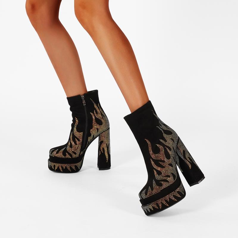 Módní Kaky's Nové Boty na vysokém podpatku s kulatou špičkou Vodotěsná platforma Silná podrážka Velká velikost Kamínkové dámské boty Kotníkové boty Módní boty