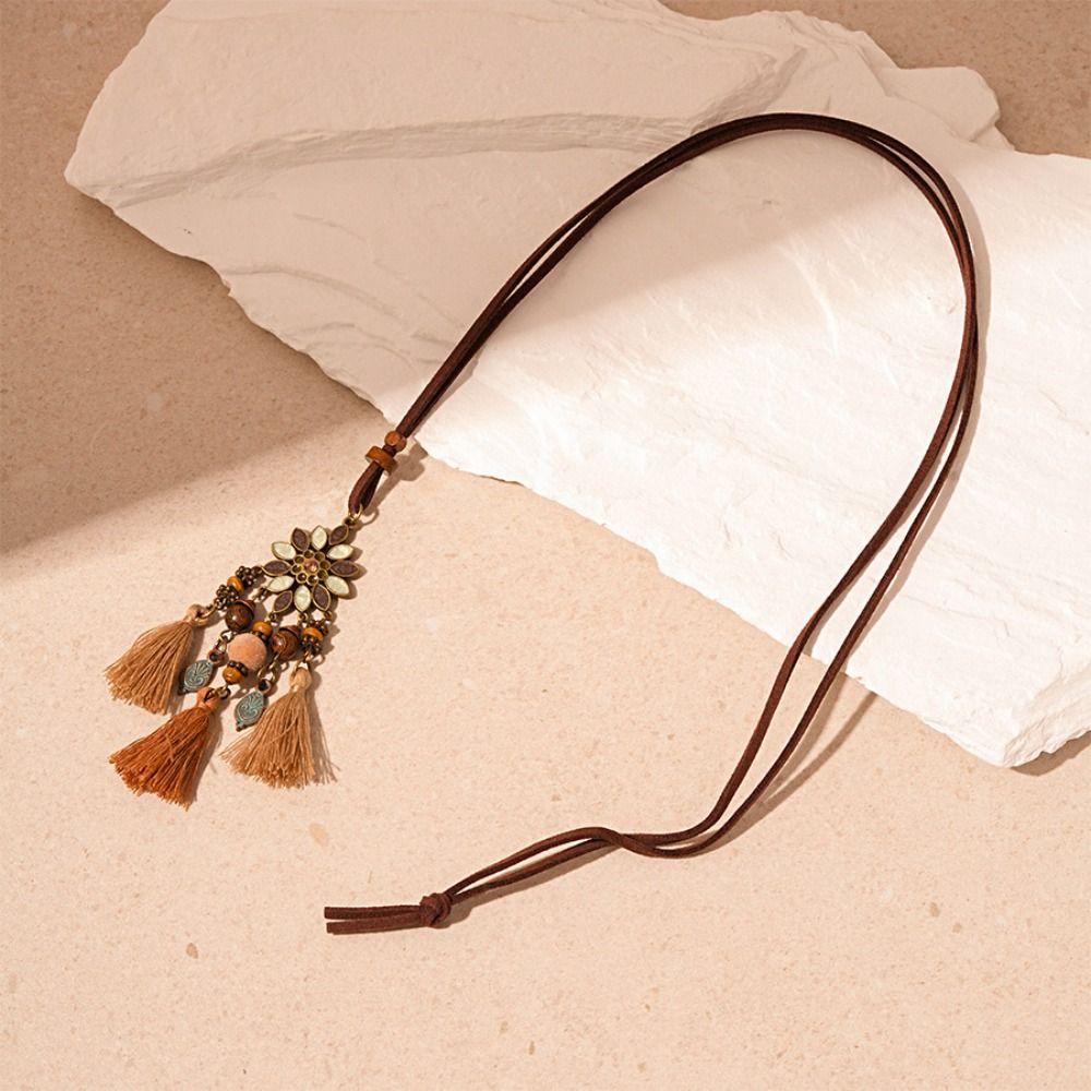 Flower Ethnic Style Necklace Tassel Bohemian Style Necklace Korean Style Long Sweater Chain  Party