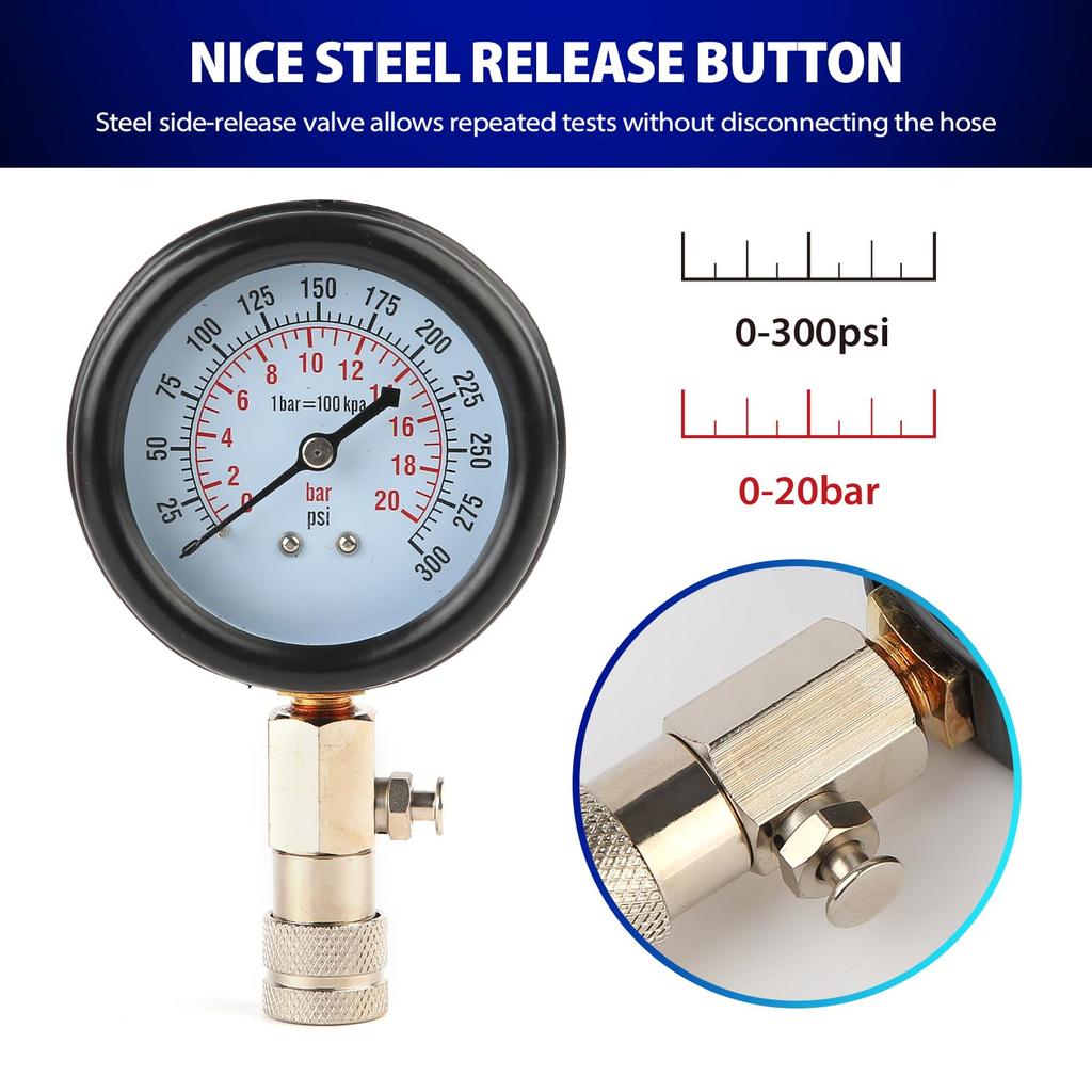 Compression Tester, 8Pcs Engine Compression Tester Kit Professional Petrol Gas Engine Cylinder Pressure Gauge 0-300 PSI Automotive Tool For