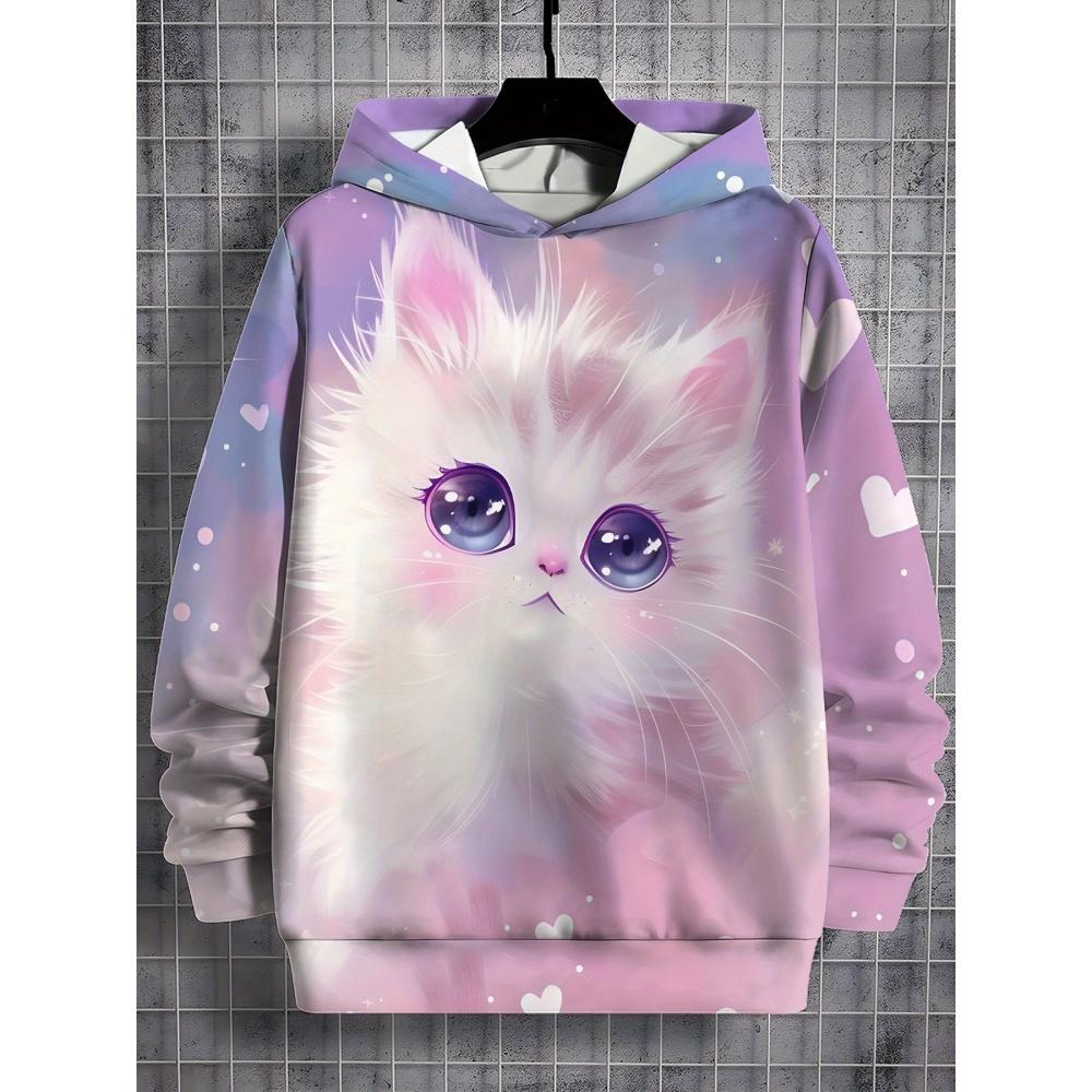 Girl Sweatshirt Pink Gradient Hoodie Cute Cat Print Spring Autumn Casual Pullover Long Sleeve Kids Clothing Top