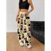 Women's fashion casual wide-leg pants cartoon black cat print slogan trousers drawstring elastic waist sweatpants