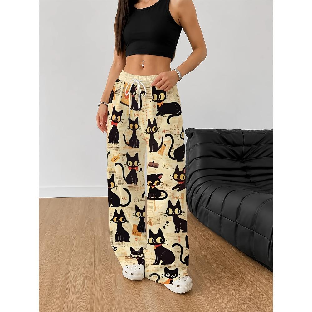 Women's fashion casual wide-leg pants cartoon black cat print slogan trousers drawstring elastic waist sweatpants