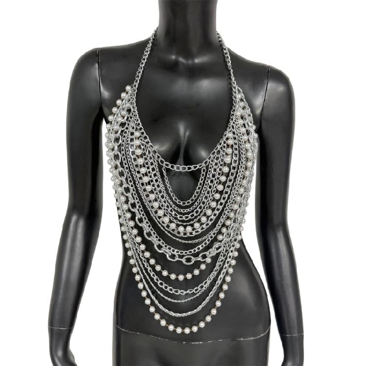 

Stylish Adjustable Pearls Chest Chain Body Chain With Resin Accent Lightweight Body Jewelry For Summer Fashion 1