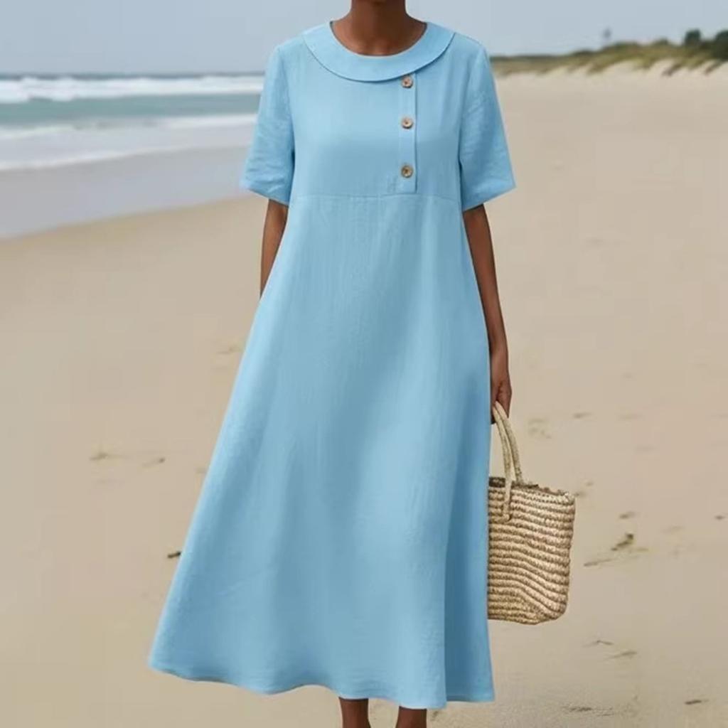 Vestido Casual Vintage de Mujer con Botones, Cuello Redondo, Corte Holgado