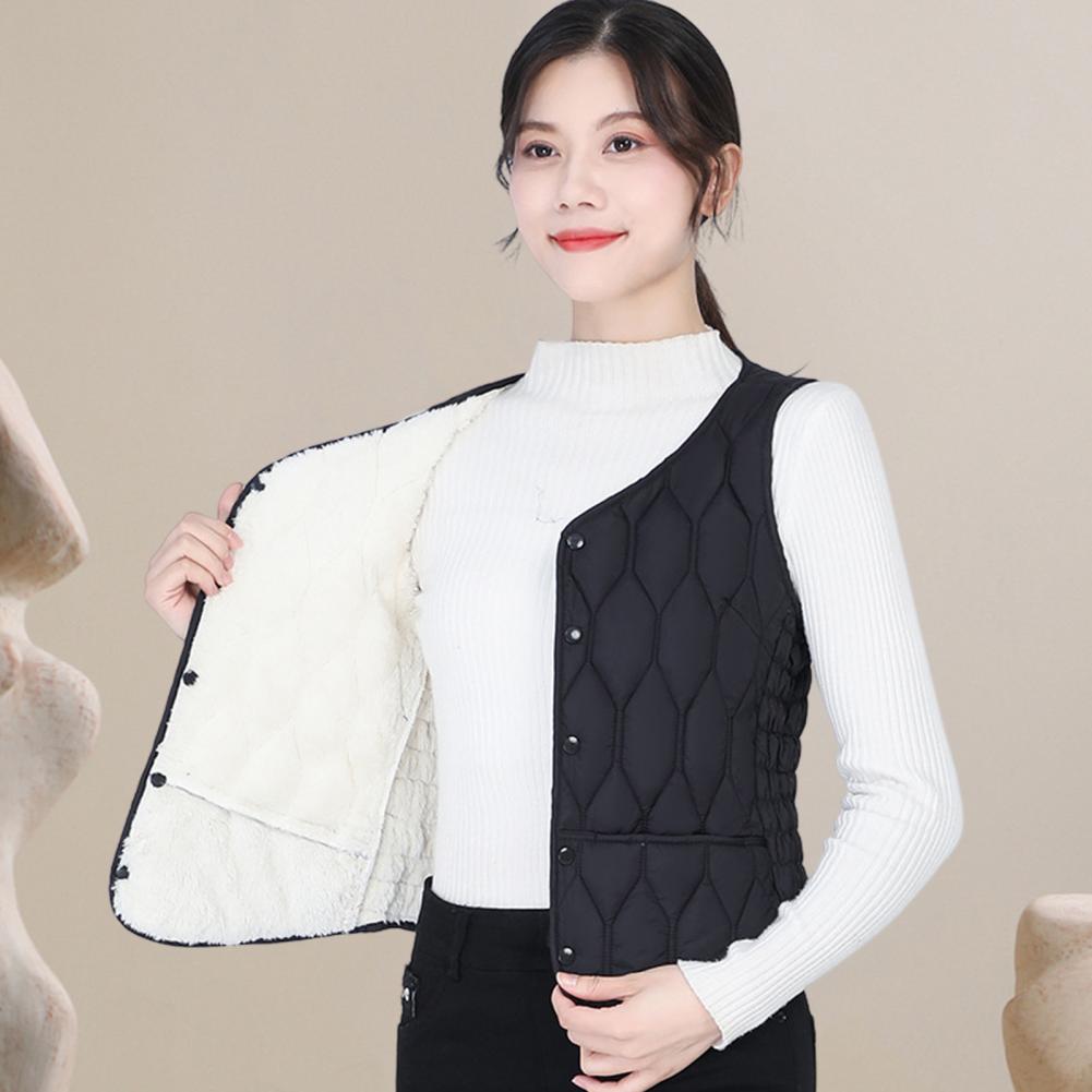 Winter Women Layering Vest Coat Thin Padded Button Closure V Neck Sleeveless Solid Color Windproof Heat Retention Outdoor Down C