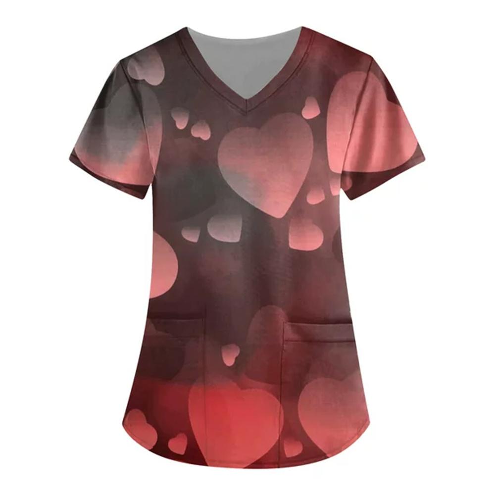 Women Valentines Day Ladies Nurse Uniform Love Print Gradient Short Sleeve Pocket Work Shirt Tunics Carer Medical Nursing Blouse