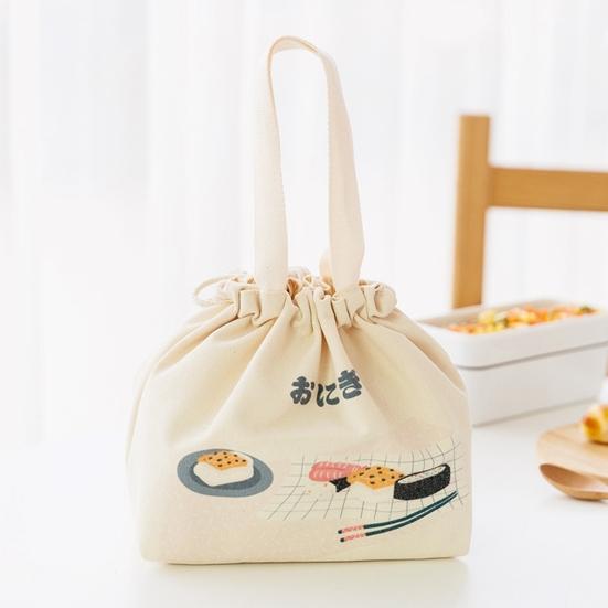 Portable Japanese Style Canvas Large Capacity Thick Lunch Pouch Bento Tote Bag