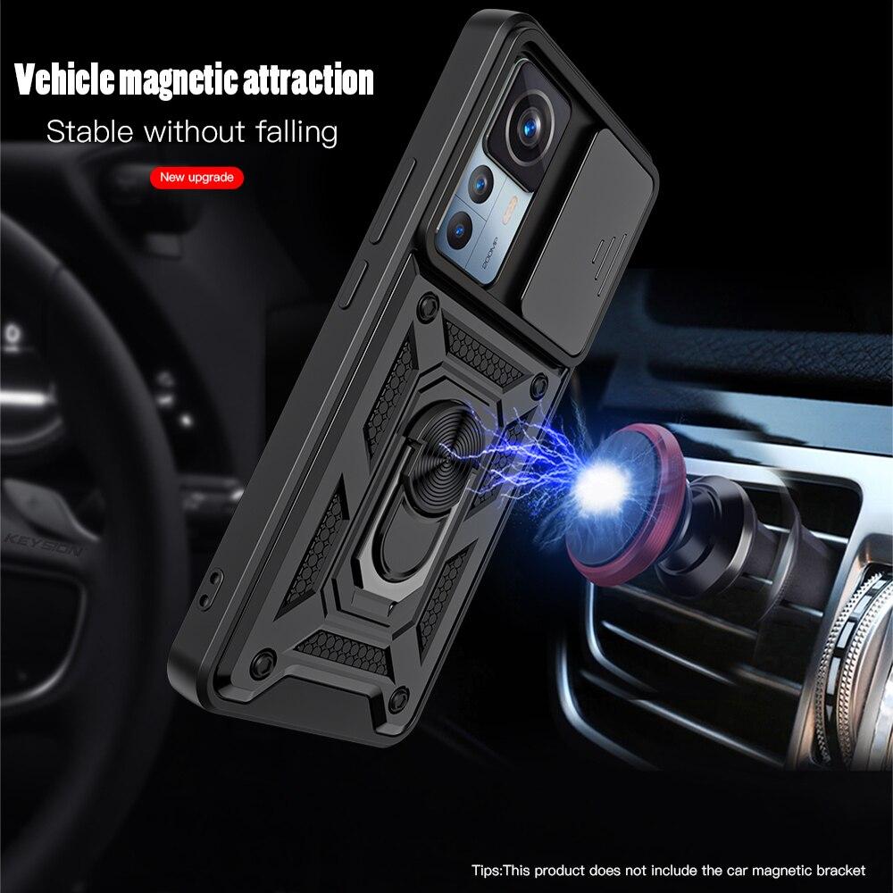 KEYSION Shockproof Case for Xiaomi 12T Pro 5G Push Pull Camera Protection Ring Stand Phone Cover for Redmi K50 Ultra