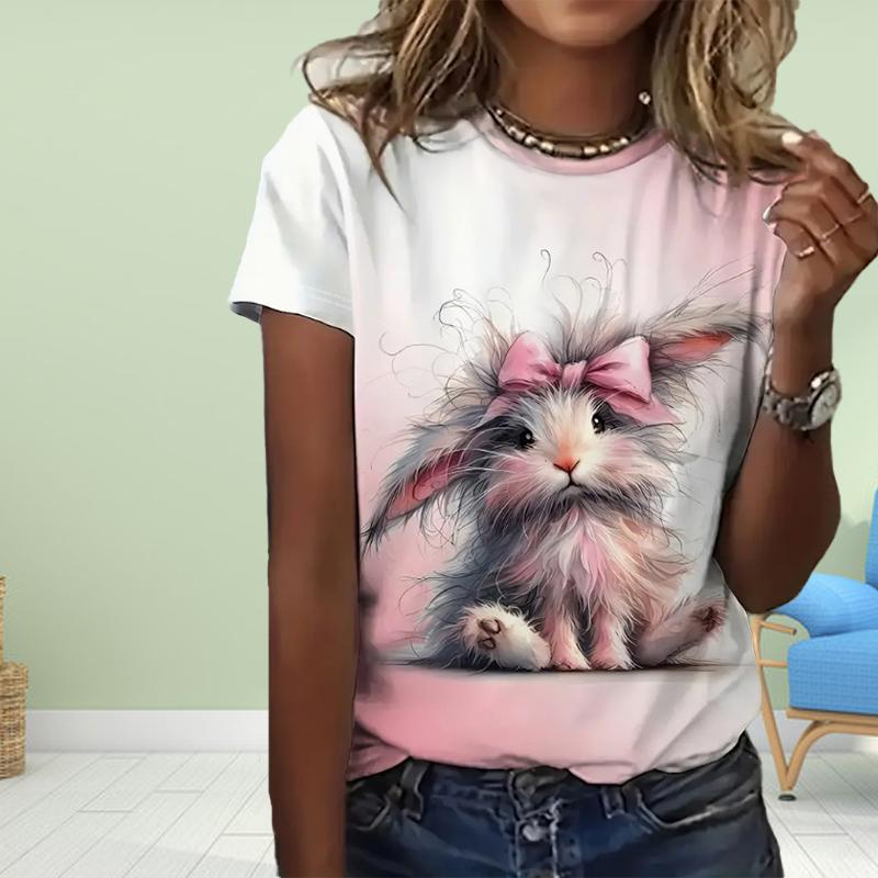 Fashion WomenCute Rabbit Print T Shirt Funny Casual O-neck Short Sleeves T-shirt Summer Female Tee Shirt