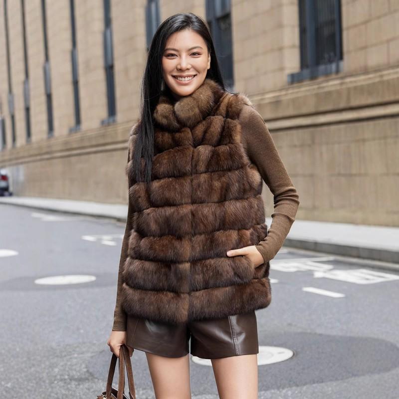 Womens Faux Fur Vest Coat Mid-Length Stand Collar Elegant Outerwear