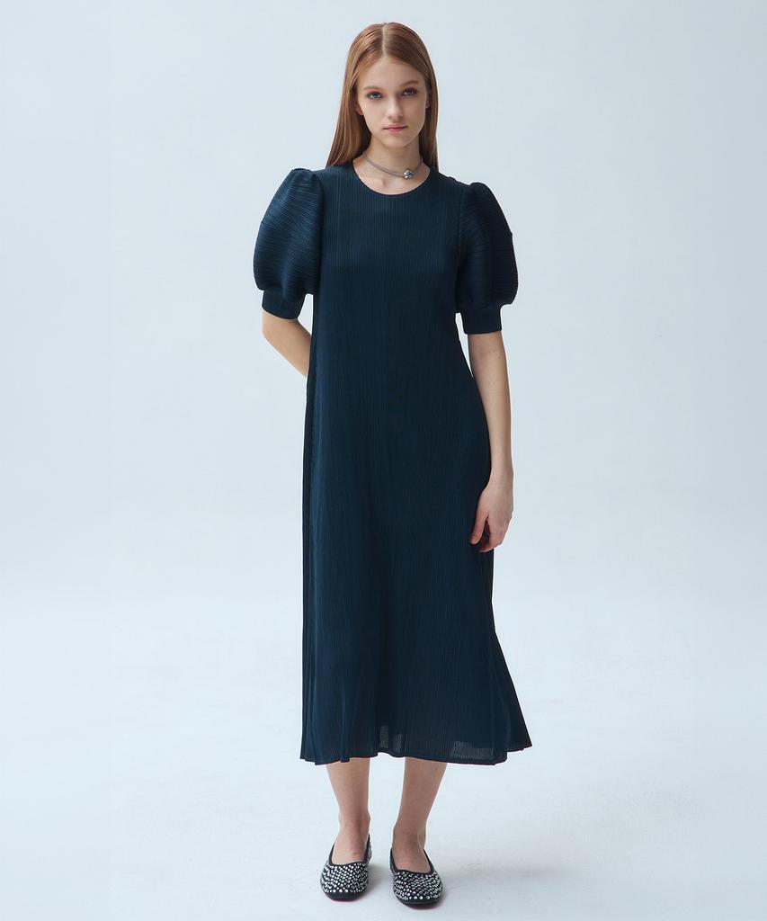 Waiowai Puff Sleeve Feminine Pleated Dress_2 Colors