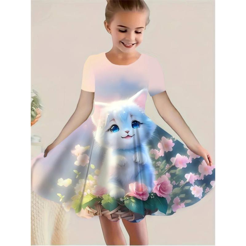 New Summer Girls  Short Sleeve Dress, Children s Cat Pattern Short Sleeve Clothing, Cartoon Flower Kitten Dress, Christmas Gift for Girls 110