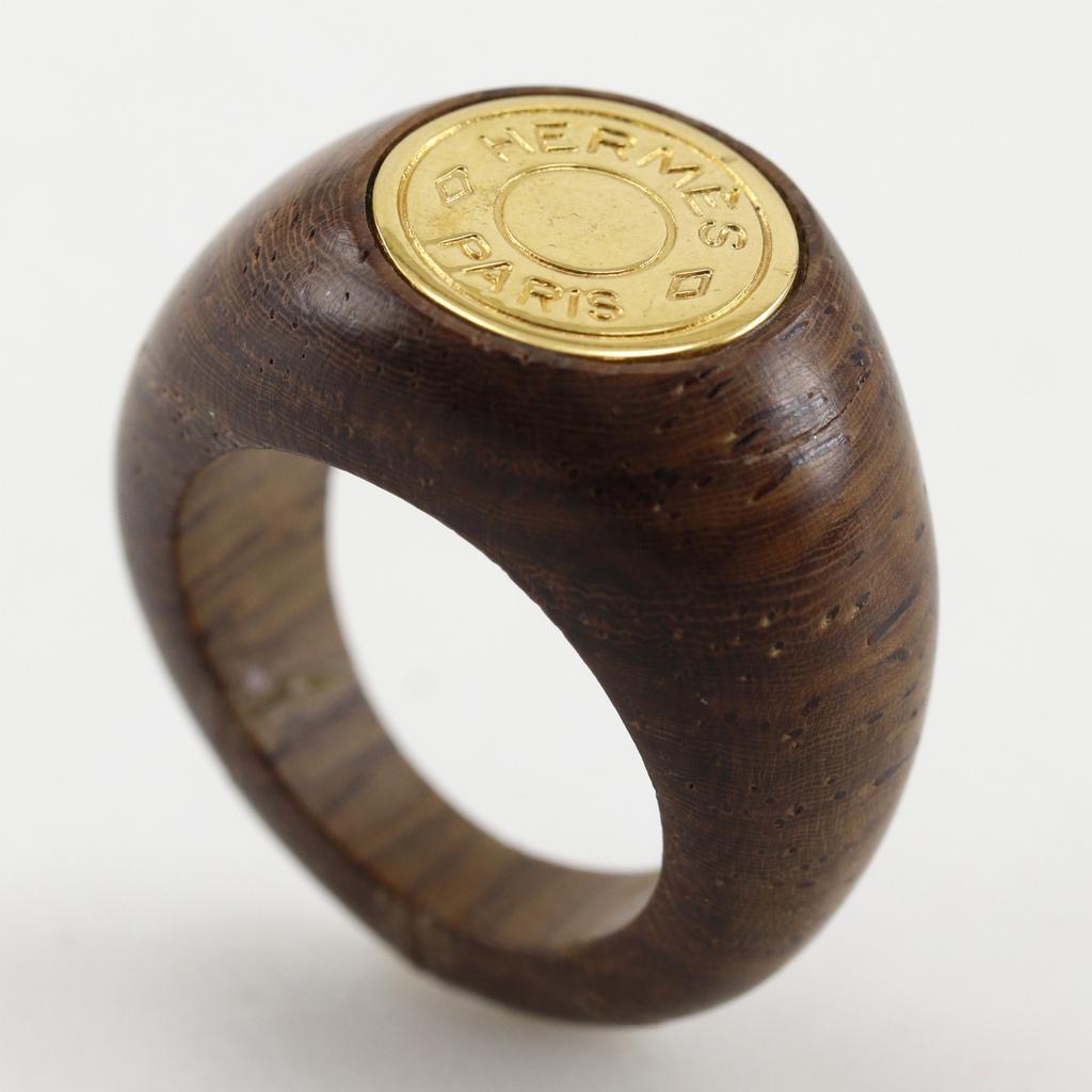 HERMES Serie Ring Brown Wood/Plated Gold #6.6(US Size) 5.4g Women Used