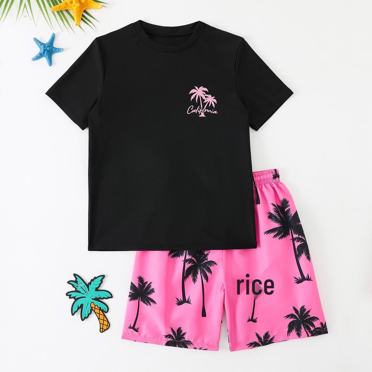 

2025 Новый стиль Быстросохнущие купальники с кокосовой пальмой для детей - Размеры средний и большой, Пляжные шорты с коротким рукавом 9 Years чёрный