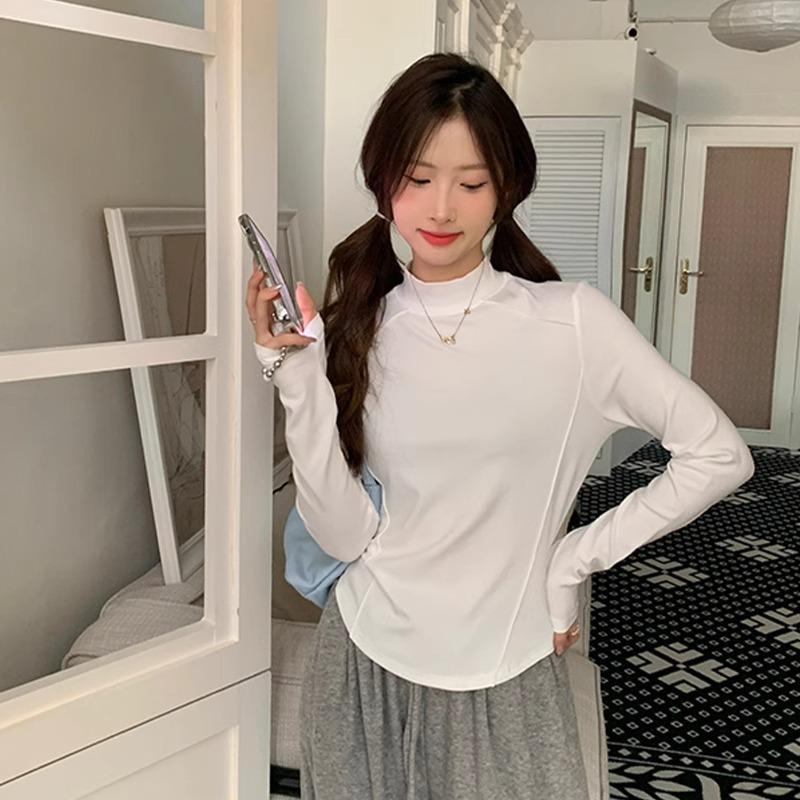 Half turtleneck long-sleeved bottoming shirt T-shirt for women in autumn and winter new fishbone slimming plus velvet inner mid-collar irregular top