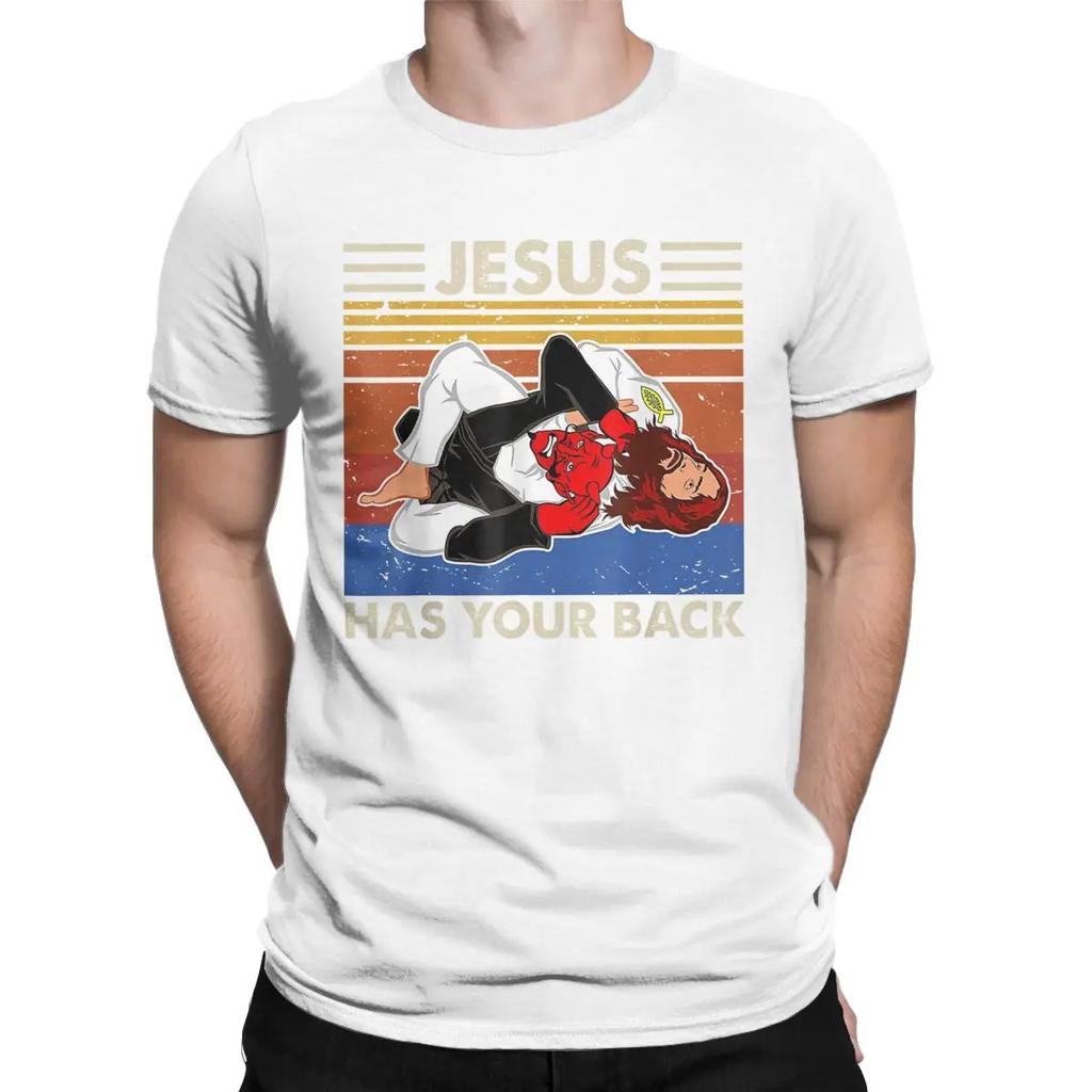Men Jiu Jitsu Jesus Has Your Back M.M.A Brazilian T Shirts 100% Cotton Tops Vintage Short Sleeve Crew Neck Tees Party T-Shirt