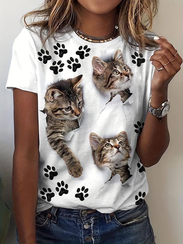 Summer Cute Kitten T-Shirts Cat 3D Print Women's Round Neck Short Sleeve T Shirt Casual Tees Harajuku Y2K Tops Female Clothing